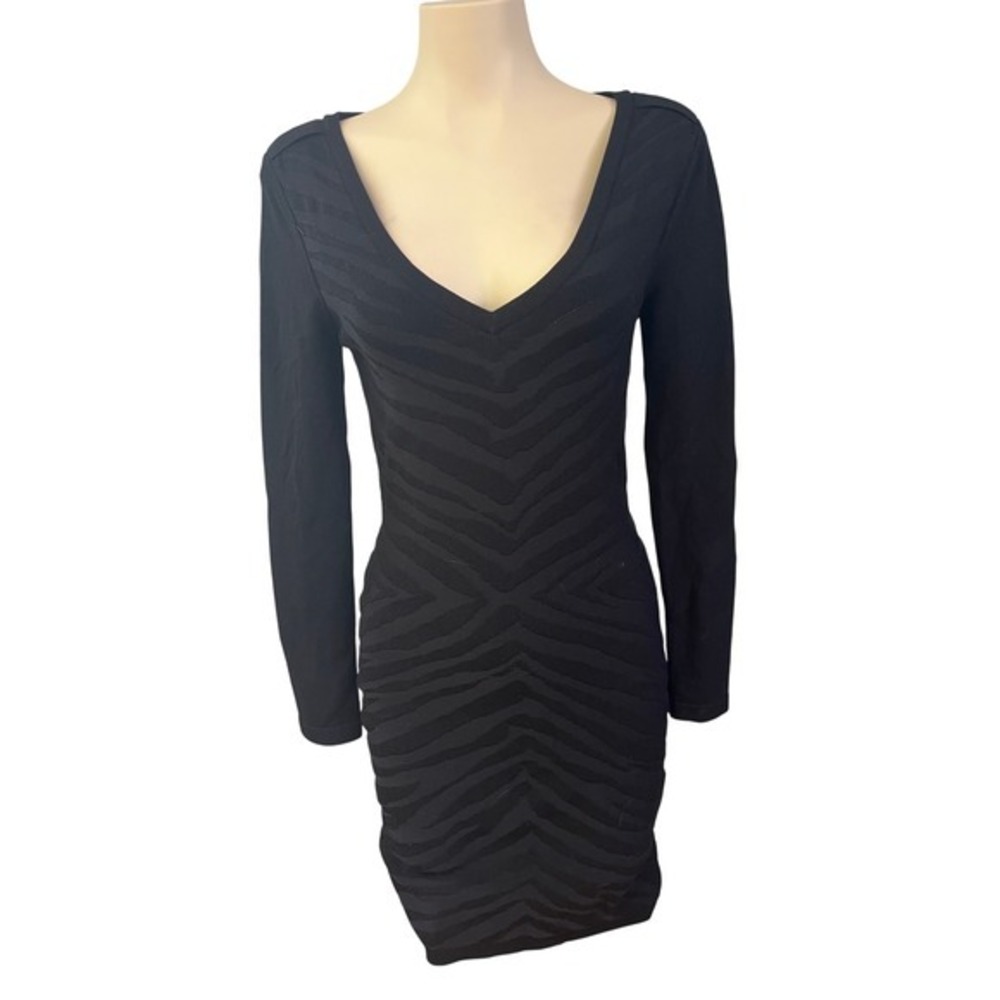 Morgan De Toi Black Long Sleeve Textured Chevron Bodycon Mini Dress Womens S